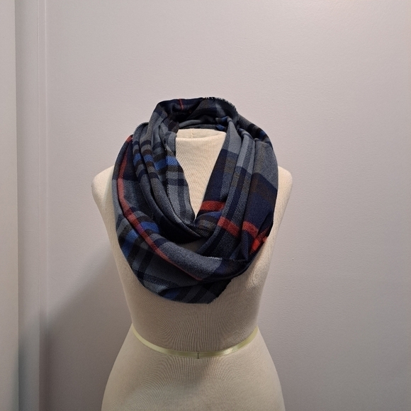 Preppy Gray And Blue Plaid Infinity Scarf - Picture 2 of 9